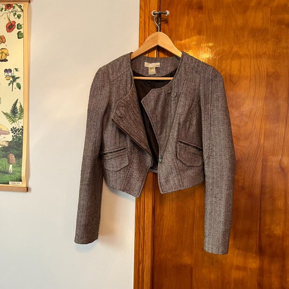 Asymmetrical zip crop Herringbone Tweed jacket - Picture 3 of 9